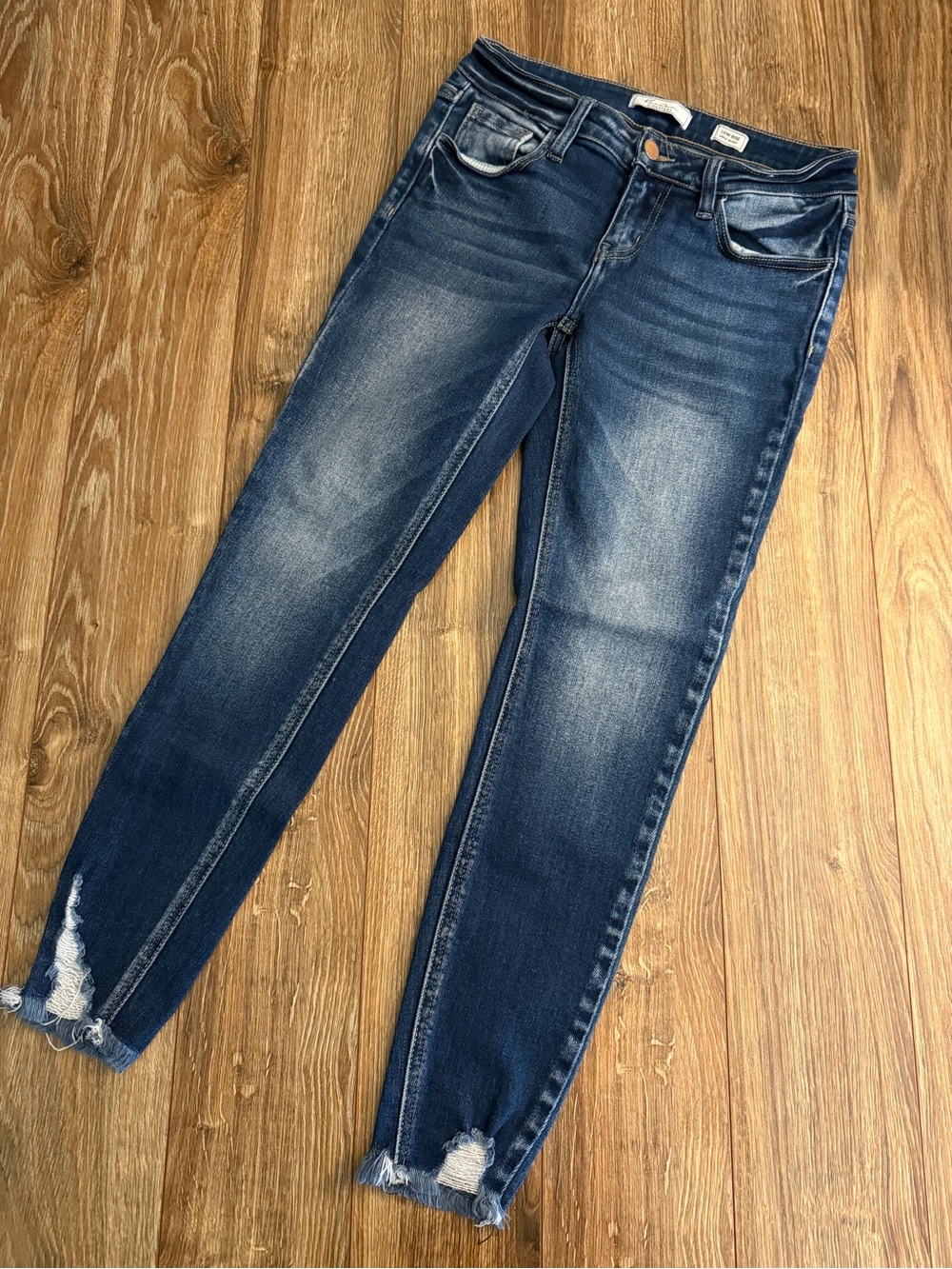 KanCan Medium Blue Washed Skinny Jeans with Distressed Ankles